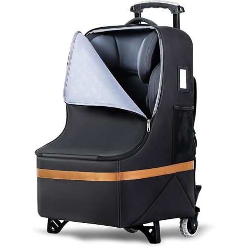 Upgraded Car Seat Travel Bag with Wheels, Car Seat Bags for Air Travel, Car Seat Storage Bag with Foldable Trolley, Padded Car Seats Backpack for Airplane, Airport Gate Check, Black