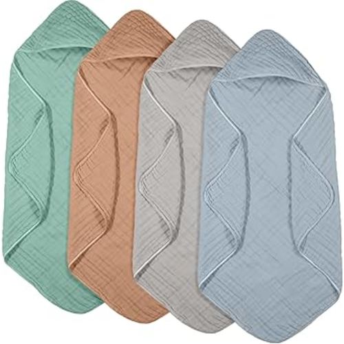 Peryiter 4 Pcs Muslin Hooded Baby Towels 32x32inch Cotton Newborn Bath Essentials Muslin Infant Blankets Absorbent Registry Baby Shower Present for Babies Girl Boy Kids (Green,Gray,Rust,Blue)