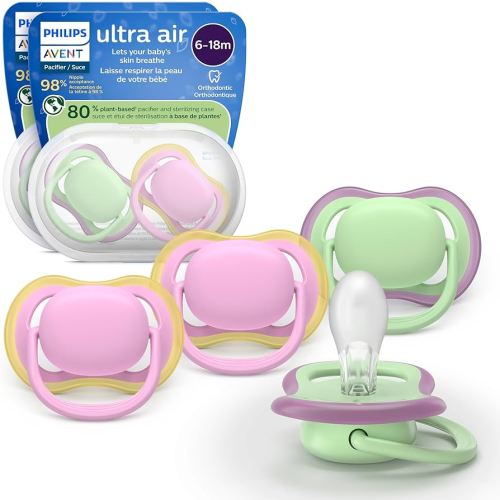 Philips Avent Ultra Air - Chupetes de aire con diseño ortodóntico, para bebés de 6 a 18 meses, pezón simétrico de silicona suave, sin BPA, 2 estuches de esterilización, paquete de 4, SCF087/25
