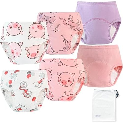 EZ Moms 6 Packs Potty Training Underwear for Girls 100% Cotton Absorption Padded Toddler Training Underwear Girls 18 Months Leakproof Reusable Kid Confident Pee Pants with Potty Sticker Chart