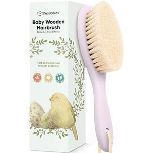 Wooden Baby Hair Brush - Cradle Cap Baby Brush with Soft Goat Bristles, Perfect Gentle Scalp Newborn Comb for Infant, Girls, Boys, Bath Essentials (Thistle, Oval)