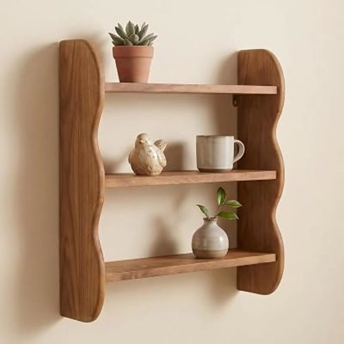 3-Tier Wall Mounted Scalloped Shelf 100% Solid Wood, Rustic Floating Trinket Display Shelves for Room, Farmhouse Decor for Apartment, Kitchen and Bedroom, 17.3 x 18.9 Inch