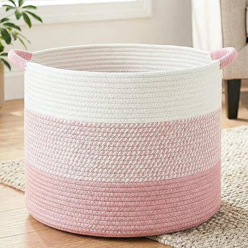 Large Natural Woven Blanket Basket, 70L Boho Decorative Cotton Rope Basket for Blankets Pillows and Toddler Toy Storage, Rope Blanket Storage for Living Room, Laundry, Nursery (Pink)
