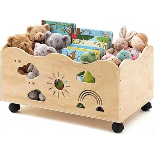 Kids Book Shelf 24" x 14.4" x 10.4" Book Shelf for Kids Room for Girls Boy Wooden Storage Trunk Mobile Wood Toy Box with Rainbow Pattern for Rooms, Closet, Classroom, Bedroom, Nursery