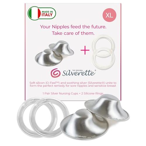 SILVERETTE The Original Silver Nursing Cups, Nipple Covers for Breastfeeding Essentials, Pure 925 Silver Nipple Shields for Breastfeeding Newborn, XL Size with O-Feel Silicone Rings