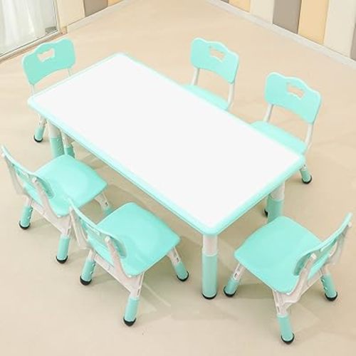 Children's Table and Chair Set Suitable for Boys and Girls Age 2-12 Height Adjustable Table top Can be Painted with 6 Seats Suitable for Family Learning Daily use (Mint Green)
