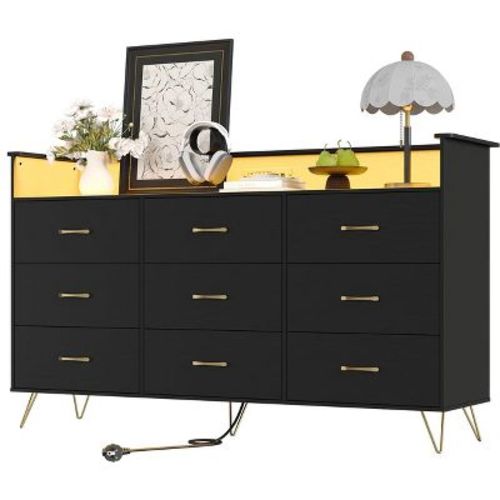 Acekool 9 Drawer Dresser with Charging Station, Large Storage Chest for Bedroom, Closet, or Living Room, Modern Black Design