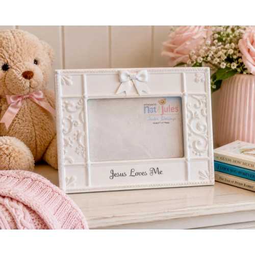 Jesus Loves Me – Ceramic Baby Photo Frame | White Nursery Decor, Religious Gift (4" x 6")