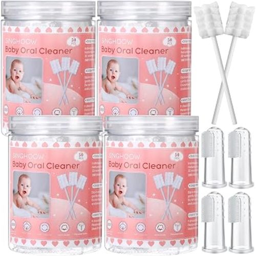 200 Pcs Baby Oral Tongue Cleaner with 4 Finger Toothbrush, Pink