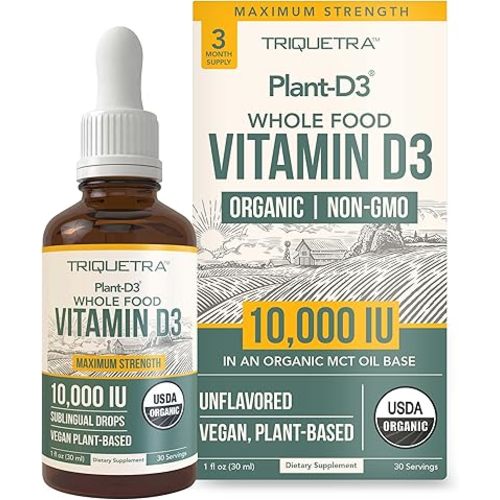 Organic Vitamin D3 10,000 IU - Plant D3, Vegan, Max Strength Sublingual Liquid D3 Drops - 200% Higher Absorption, 100% Plant-Based Cholecalciferol Form & Vegan D3, Adjustable Dosing (30 Servings)