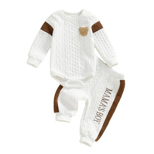 SAYOO Infant Baby Boy Clothes 3 6 12 18 Months Fall Winter Outfit Bear Romper Mama's Boy Embroidery Pants 2Pcs Tracksuit