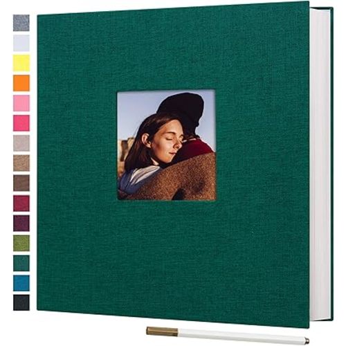 potricher Large Photo Album Self Adhesive 3x5 4x6 5x7 8x10 10x12 Pictures Linen Cover 80 Blank Pages Magnetic DIY Scrapbook Albums with A Metallic Pen (Dark Green)