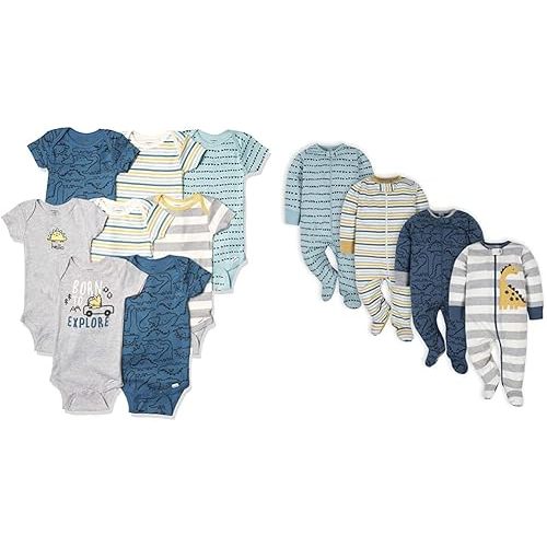 Gerber Baby Boys' 8-pack Short Sleeve Onesies and 4-Pack Sleep 'N Play Clothing Bundle, Dinosaur, Newborn