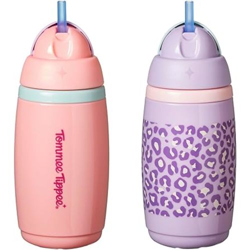 Tommee Tippee Active Straw Toddler Cups, 9 oz, Insulated Sippy Cups For Toddlers 1-3, Silicone Straw and Leak-Proof Valve, Pink and Purple, Pack of 2