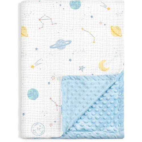 Outer Space Baby Blankets for Boys, Soft Nursery Minky Blankets with Muslin and Dotted Fleece Back 30x40 inches, Receiving Bed Quilt for Newborn, Infants, Toddlers