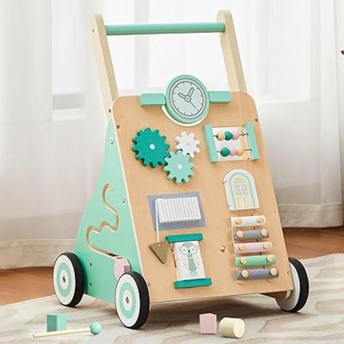 Baby Walker with Wheels, Wooden Baby Walker Push Toy Adjustable Height and Speed Montessori Walker Multiple Learning Activity Walker for Boys Ages 9+ Months, Green