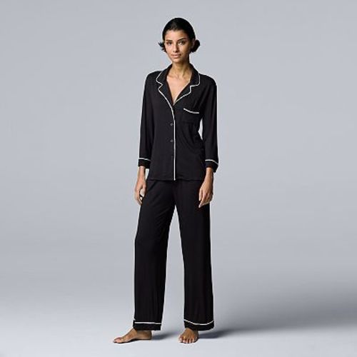 Women's Simply Vera Vera Wang Basic Luxury ¾ Sleeve Pajama Shirt & Pants Sleep Set