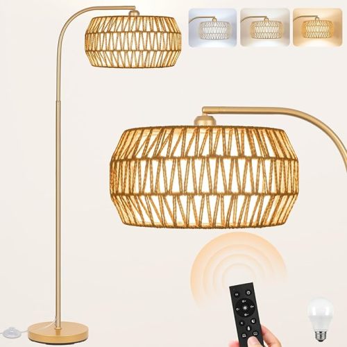Boho Gold Floor Lamp- Rattan Lamp with Step Dimmable Bulb, Mid Century Modern Floor Lamp with 2 in 1 Lampshades, Bohemian Gold Tall Lamp