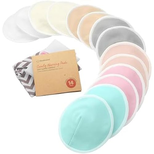 Organic Nursing Pads, 14 Washable Breast Pads,Wash Bag (Pastel Touch, L 5")