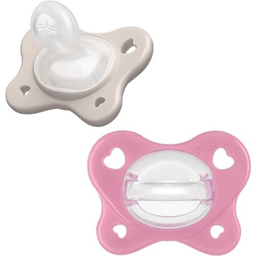 Chicco PhysioForma Dual Soft Orthodontic Pacifier for Babies 6-16 Months, 100% Soft Silicone, Supports Breathing, One-Piece Design, Included Sterilizing Case, BPA Free, 2-Pack, Grey/Dusty Rose