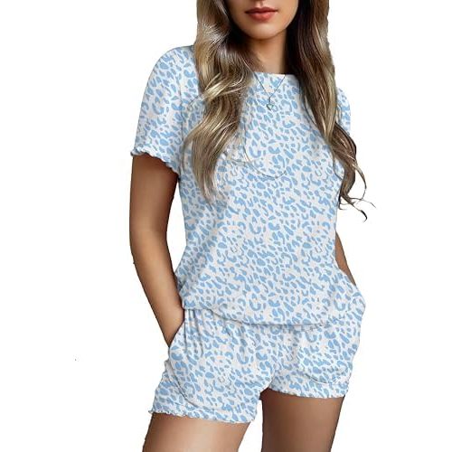 Ekouaer Womens Pajamas 2 Piece Ribbed Knit Pjs Short Sleeve Sleepwear Set Summer Soft Pajamas Set Casual Lounge Sets