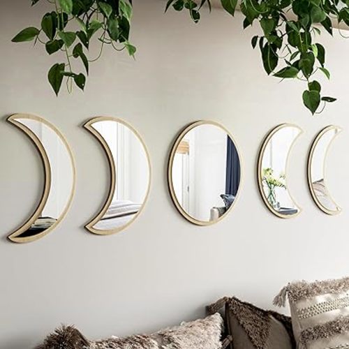 10.4" Raw Acrylic Moon Phase Wall Mirror Set - 5-Piece Boho Celestial Decor for Living Room Bedroom Entryway, Easy Stick-On Installation, Shatterproof Safety Design