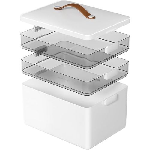 Spreezy 3 Tier Medicine Storage Box : 20QT Portable Medicine Cabinet with Leather Handle, Empty First Aid Kit for Home/Bathroom/Kitchen the Best Gift for the Parents