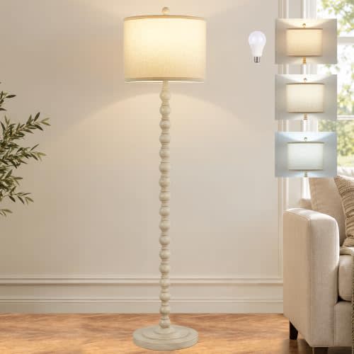 Farmhouse Floor Lamp for Living Room, 62" Tall Standing Lamp with Bulb | 3 Color Temperature, Rotary Switch, Resin Antique White Standing Lamp for Living Room, Bedroom, Office, Nursery