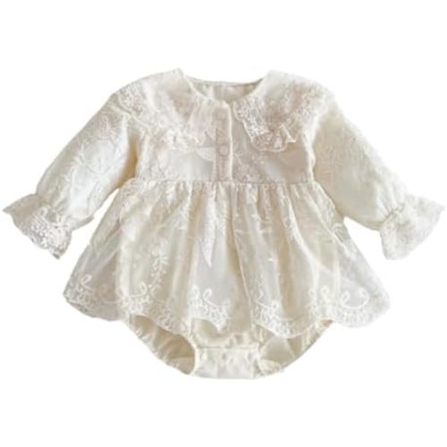 Baby Girl Lace Embroidered Romper Ruffle Collar Vintage Tulle Princess Dress One Piece Outfits for Baby Birthday