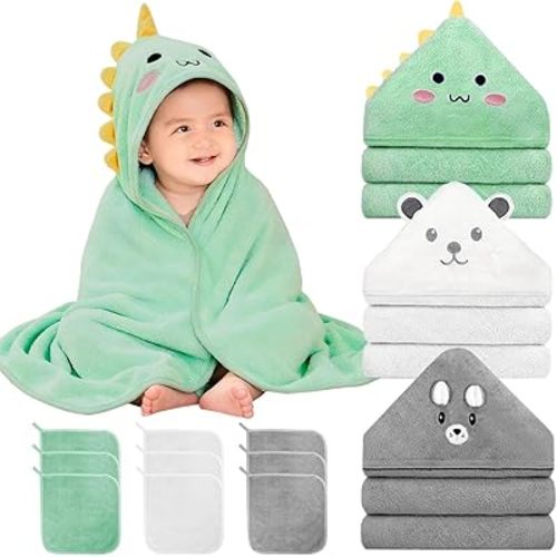 12 PCS Hooded Baby Towel Set, 32x32 Inch Absorbent Baby Bath Towels, 3 PCS Soft Hooded Towels & 9 PCS Washcloths, Unisex Baby Gift Set for Newborns, Babies, Toddlers (Green + Gray + White)