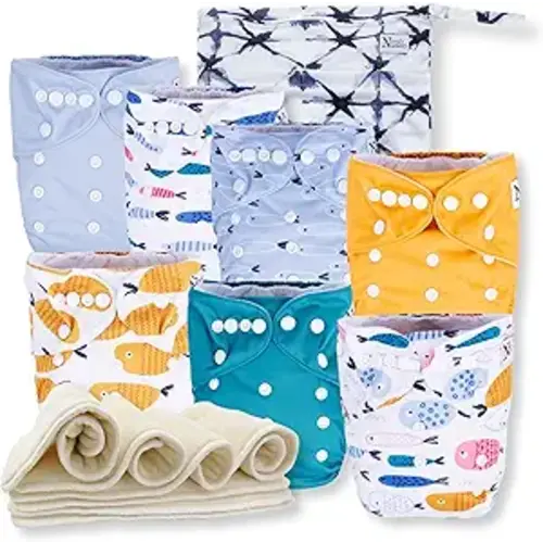 Nora's Nursery Cloth Diapers 7 Pack with 7 Inserts & 1 Wet Bag - Waterproof Cover, Washable, Reusable & One Size Adjustable Pocket Diapers for Newborns and Toddlers - Reel Me in