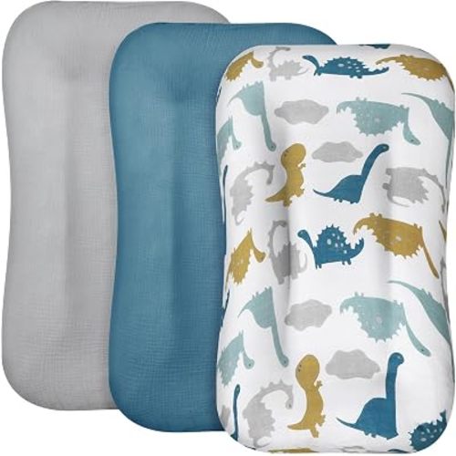Newwiee 3 Pack Baby Lounger Cover Muslin, Blue, Grey, White, Dinosaur