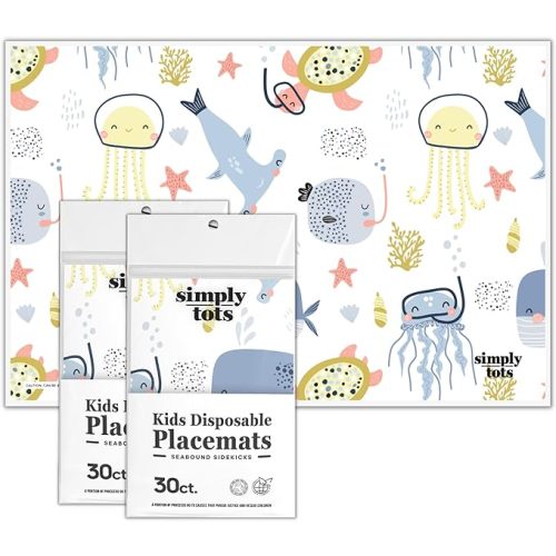 Disposable Placemats for Toddlers - 60 Pack Stick-On Disposable Placemats for Baby with Cute Print - 12"x18" Strong Adhesive Toddler Placemats - for Restaurants, Home, or Travel | Simply Tots Brand