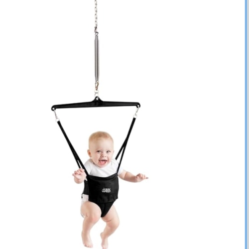 Jolly Jumper Iconic (Black), Doorway Baby Jumper, Indoor Exercise Saddle Seat, Adjustable Height, for Infants up to 28lbs, No Stand Required
