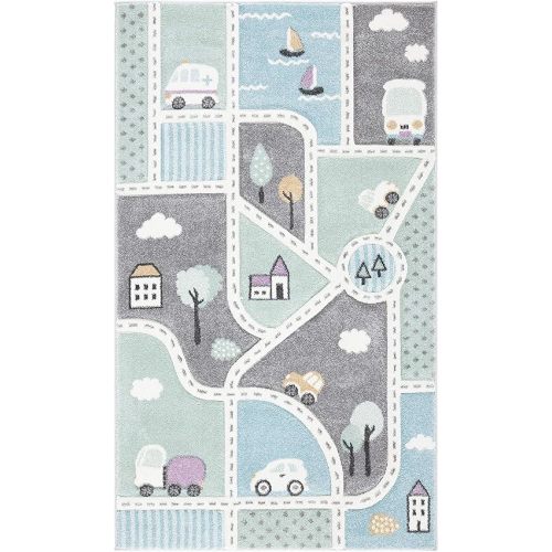 SAFAVIEH Carousel Kids Collection Accent Rug - 2'3" x 4', Grey & Light Blue, Non-Shedding & Easy Care, Ideal for High Traffic Areas for Boys & Girls in Playroom, Nursery, Bedroom (CRK193F)