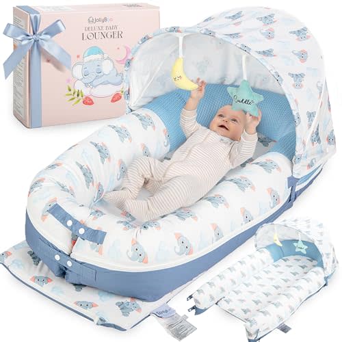JollyBoo® Deluxe Infant Lounger Pillow - Baby Lounger 0-24 Months | Bamboo-Cotton Portable Baby Nest with Foldable Sunshade & 2 Plush Toys | Soft, Breathable Mesh for Cool, Safe Rest (Blue Elephant)