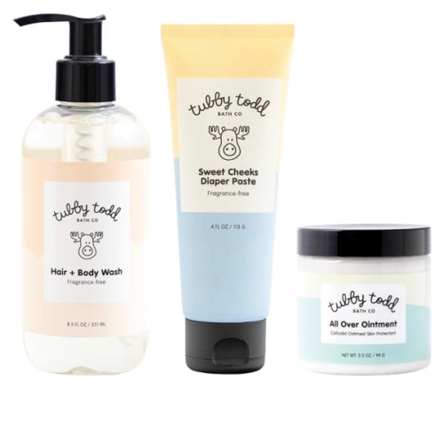TUBBY TODD Baby Bundle Newborn Skin Care Set - Hypoallergenic Hair + Body Wash, All Over Ointment with Colloidal Oatmeal, Sweet Cheeks Diaper Paste - Fragrance Free, Standard Size