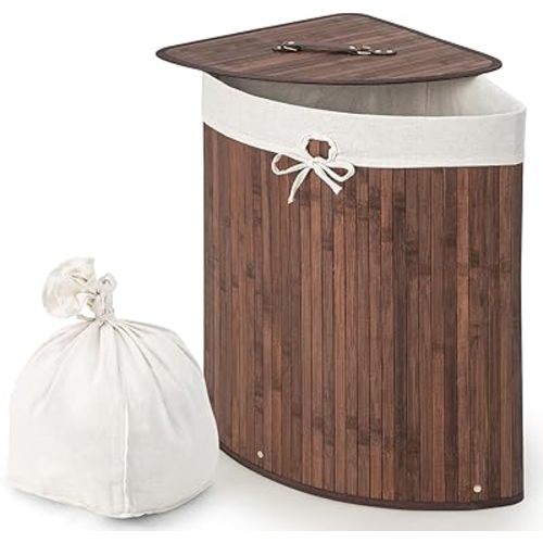 Giantex Corner Laundry Hamper with Lid, 58 L Bamboo Laundry Basket with Removable Liner & Handle, Triangle Clothes Hamper for Small Spaces, Bedroom, Bathroom, Laundry & Living Room (Brown)