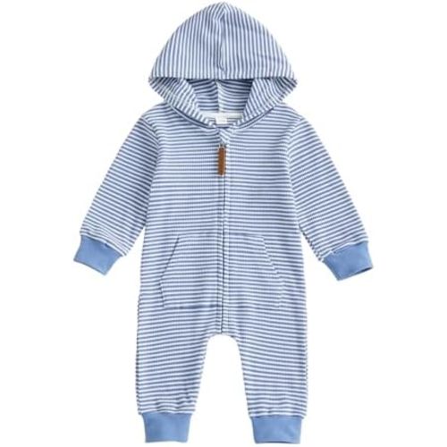 Newborn Infant Baby Boy Clothes Striped Waffle Knit Long Sleeve Zipper Hooded Romper Jumpsuit Cute Fall Winter Outfit