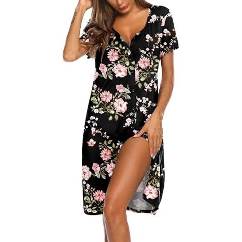 Ekouaer Womens Nightshirt Button Down Sleep Shirts Short Sleeve Nightgown V-Neck Sleepdress Soft Sleepwear