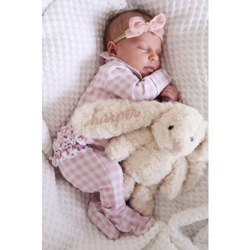 Peter Pan Collar Ruffle Zipper Footie in Rosy Gingham | Caden Lane
