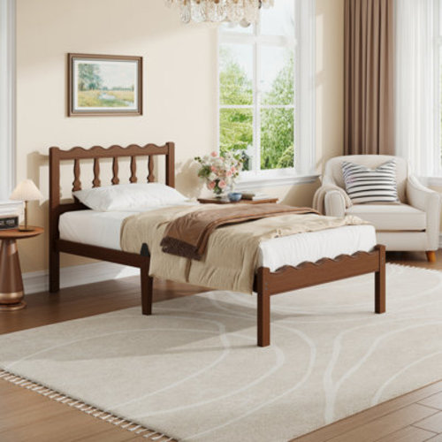 Ebern Designs Walnut Finish Solid Wood Twin Bed Frame With Wavy Headboard, No Box Spring Needed, Bamboo & Metal | Wayfair