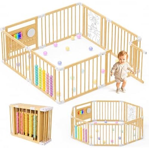 Foldable Wooden Playpen for Babies, Baby gate playpen 63 x 24 x 63 inch
