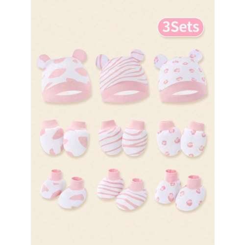3pcs/Set Pink Newborn Baby Earflap Hat + Scratch Mittens + Booties, Suitable For Daily Wear | SHEIN USA