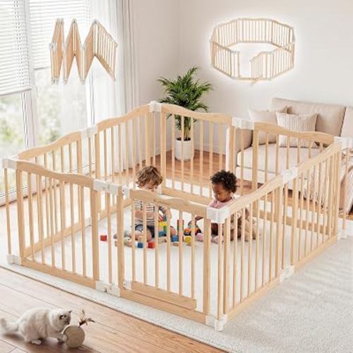Foldable Wooden Playpen, Natural, 55 x 55 x 24 inches