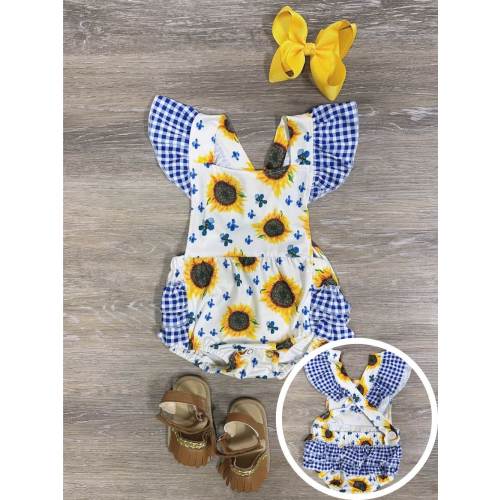 Country Sunflower Girls Blue Gingham Plaid Ruffle Baby Romper - Sydney So Sweet