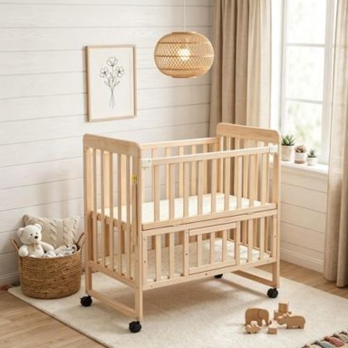GDFStudio Oziel 5-in-1 Convertible Pine Wood Mini Crib with Storage,Natural