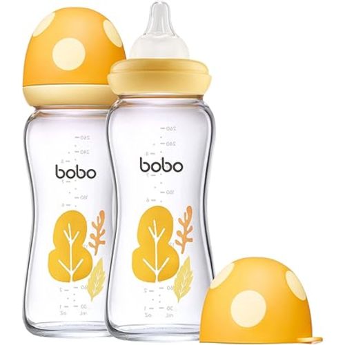 YOHKOH Natural Glass Baby Bottle with Level 2 Medium Flow Nipple, Newborn Anti-Colic Baby Bottles, Wide Neck Mushroom Baby Glass Bottle (8.8oz (Pack of 2), Yellow)