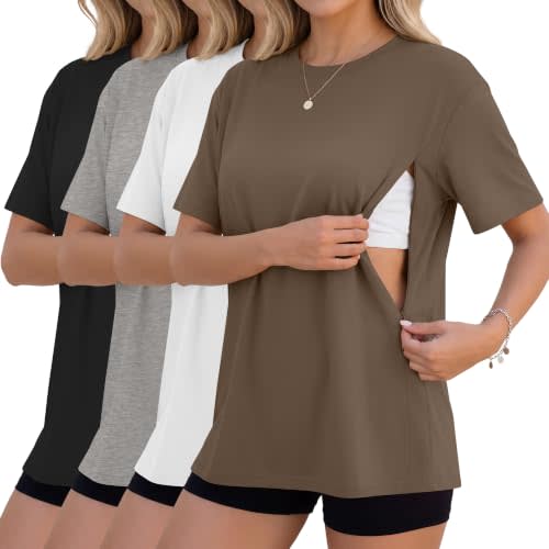 Sweetyweee 4 Pack Nursing Breastfeeding Shirts | Oversized, Women's, Hidden Zipper, Maternity, Short Sleeve, Tees, Tops
