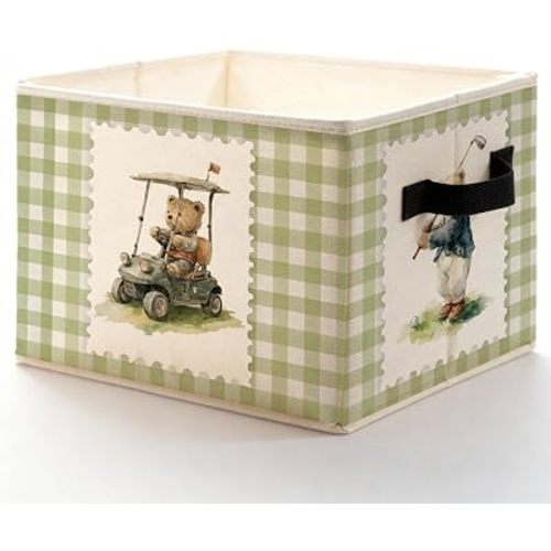 Bear Golfer Golf Nursery Storage Bins with Handles, Sage Green Checkered Bear Golfing Collapsible Storage Box Basket Books Clothes Organizer for Boys Room Nursery Playroom